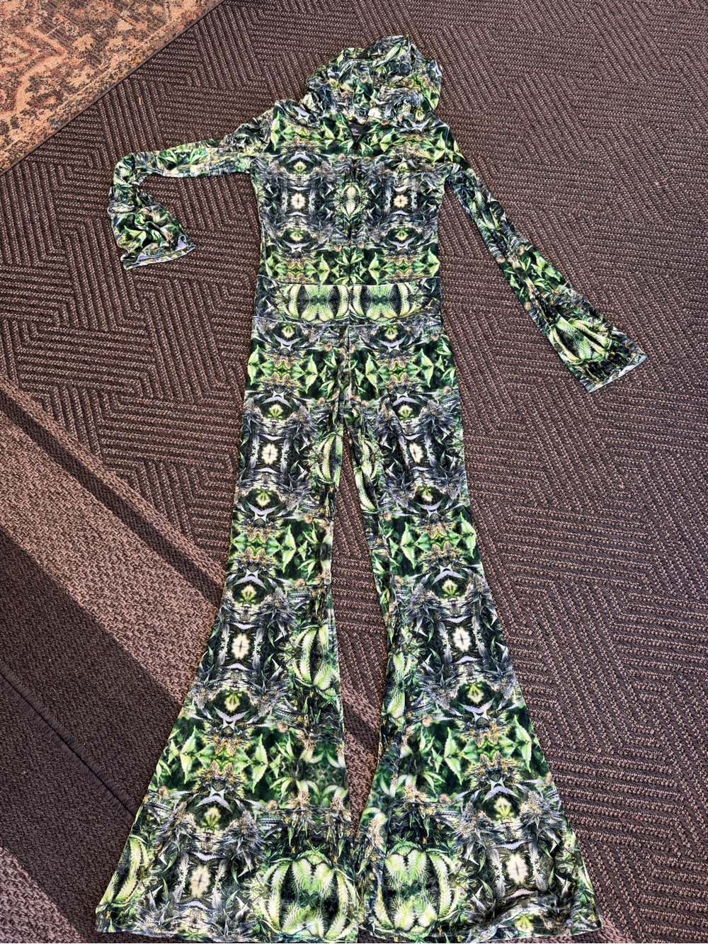 Rare✨Warrior Within Designs Velvet Print Long-Sleeve Bell-Bottom Jumpsuit✨